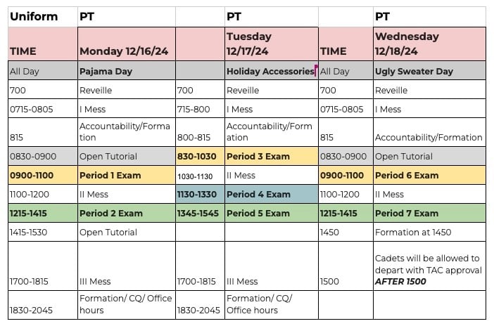 December Finals Schedule